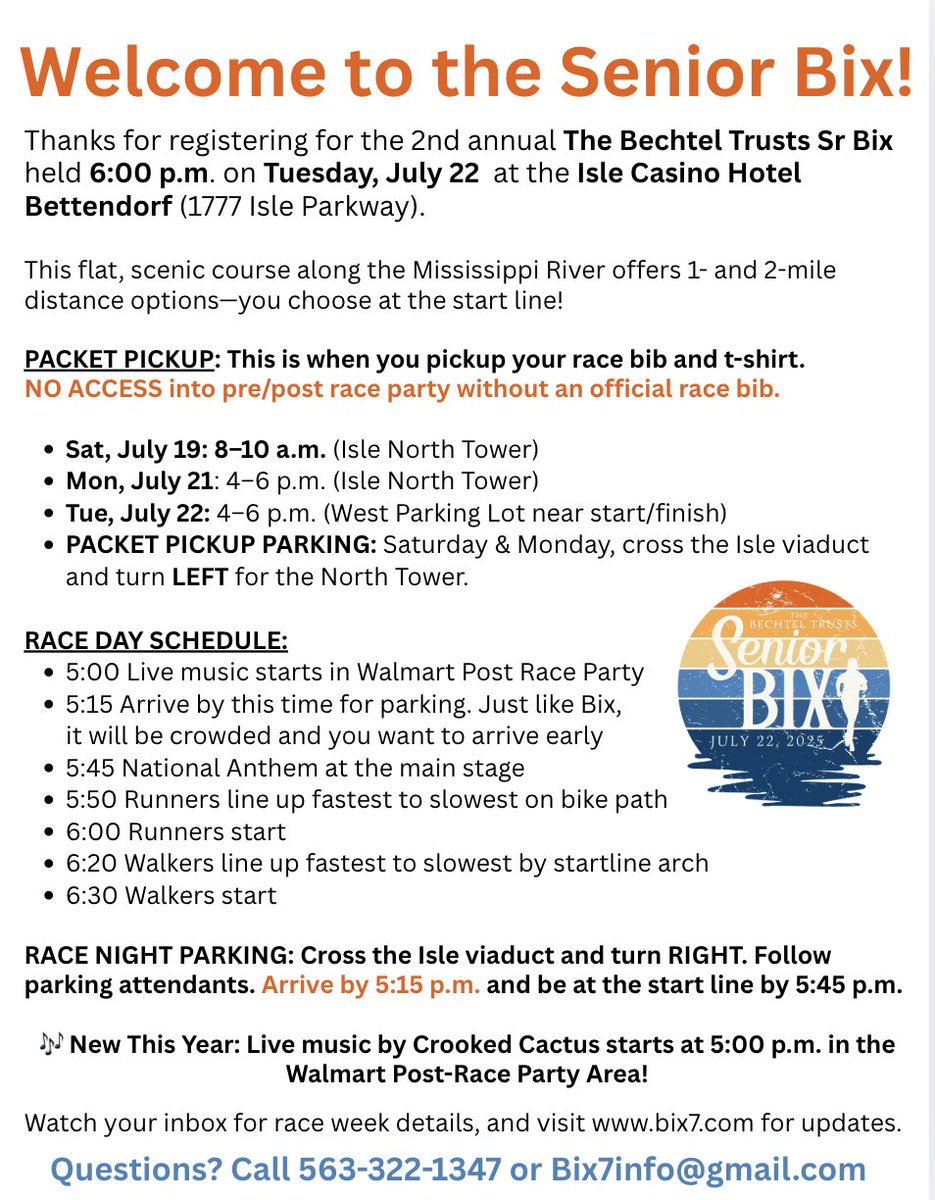 BixSeven's tweet image. Senior Bix Packet Pickup Info!
📍 Location: Isle Casino Hotel Bettendorf
• Sat, July 19: 8–10 a.m. (North Tower)
• Mon, July 21: 4–6 p.m. (North Tower)
• Tue, July 22: 4–6 p.m. (West Parking Lot near start/finish)
Parking: Cross the Isle viaduct and turn LEFT to North Tower.