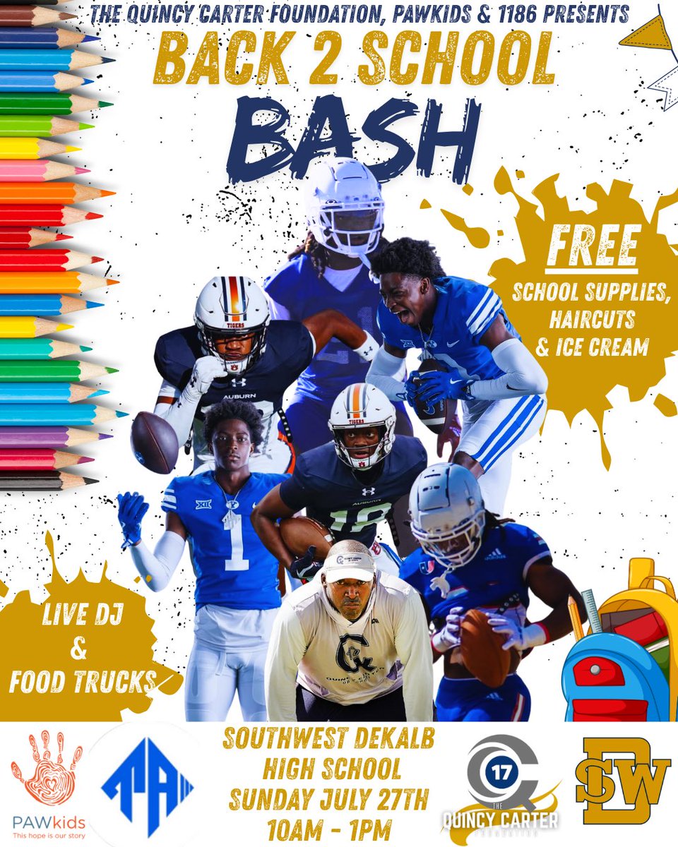 Blessed and Excited to announce that I will be hosting a Back to School Drive with my brothers <a href="/yksam17/">⚡️Samuel “SAM” Turner ⚡️</a> <a href="/brandongunn_/">BG</a> at our Alma Mater <a href="/SWD_FB/">Southwest Dekalb Football</a> ! Bring your kids and come grab some back to school supplies! [Donations and Reposts are greatly appreciated!] 1186🌐