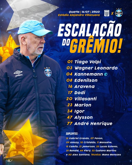 Grêmio está escalado para enfrentar o Alianza Lima-PER 