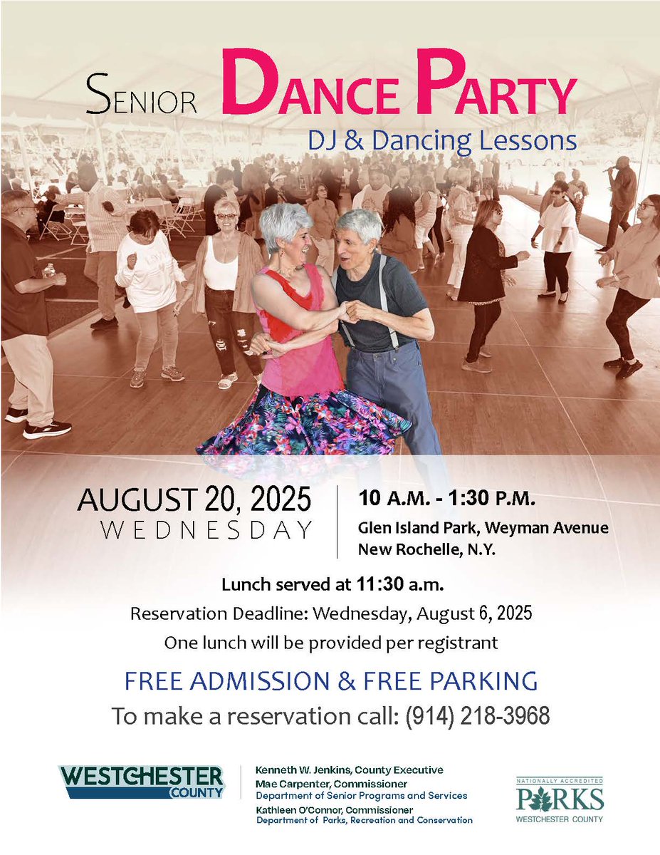 CityOfPeekskill's tweet image. The Westchester County Department of Senior Programs and Services and Westchester County Parks are hosting a Senior Dance Party on Wednesday, August 20th from 10:00 am - 1:30 pm at Glen Island Park in New Rochelle. For those who would like to attend, please call (914) 218-3968.