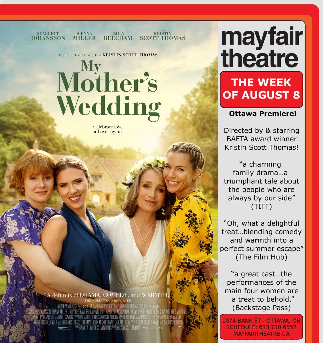 mayfairtheatre's tweet image. My Mother's Wedding - Ottawa Premiere screenings the week of August 8!
“a charming family drama…a triumphant tale about the people who are always by our side” (TIFF)
“Oh, what a delightful treat...a perfect summer escape.” (The Film Hub)
mayfairtheatre.ca/movie/my-mothe…