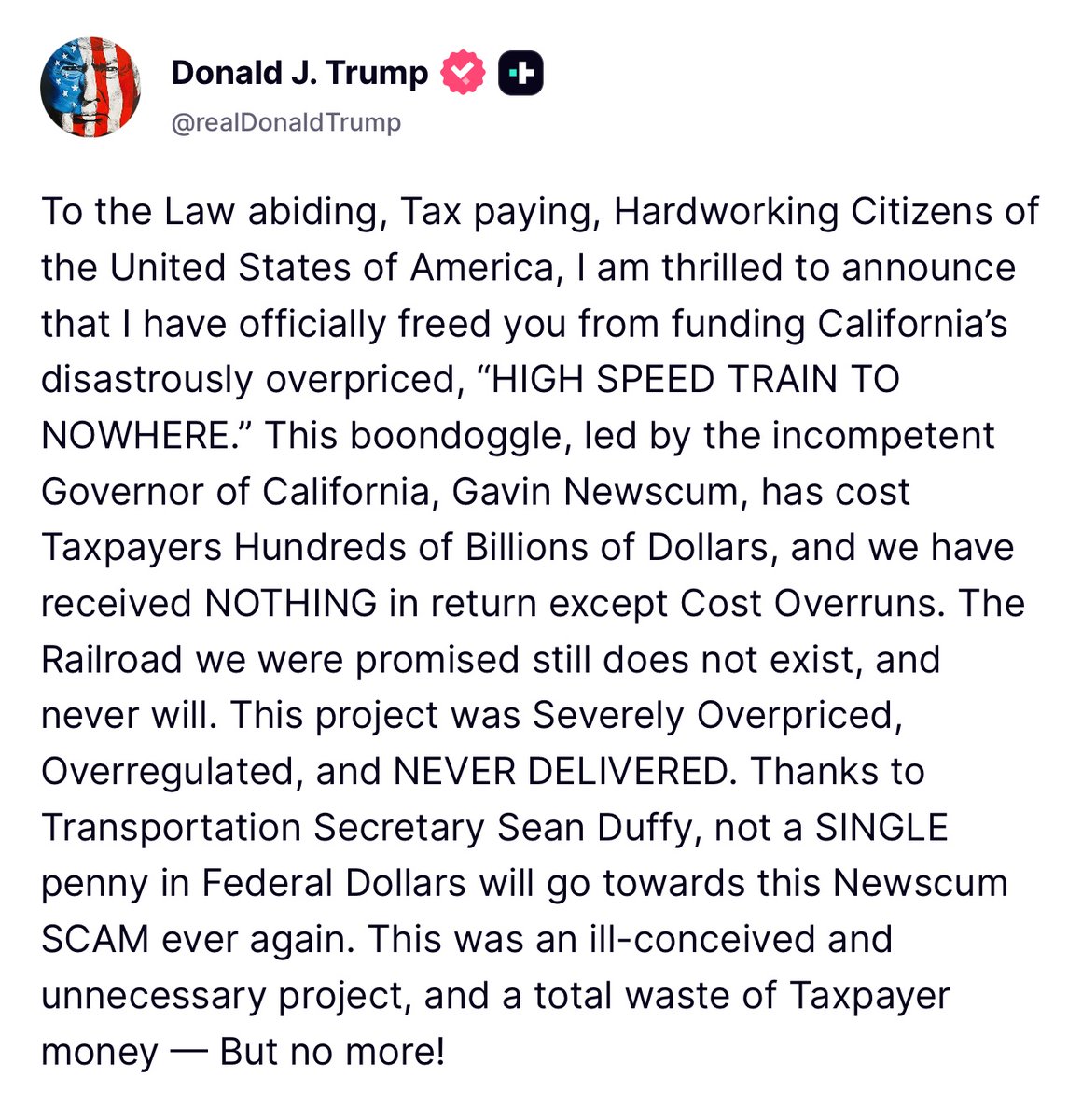 BREAKING: The “HIGH SPEED TRAIN TO NOWHERE” has been DEFUNDED!

WINNING!