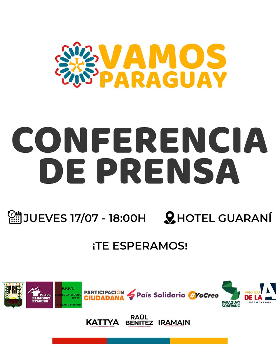 🫂¡Nos unimos y organizamos por el Paraguay que queremos y nos merecemos!

✨ ¡Te esperamos! Tu presencia y tu voz son importantes.
🕕 18:00 hs – Jueves 17/07
📍 Hotel Guaraní

#VamosPy🇵🇾