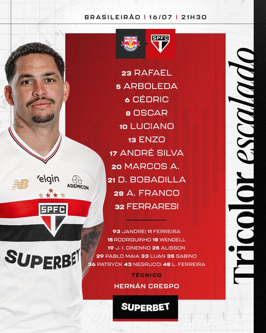 São Paulo escalado para enfrentar o Red Bull Bragantino