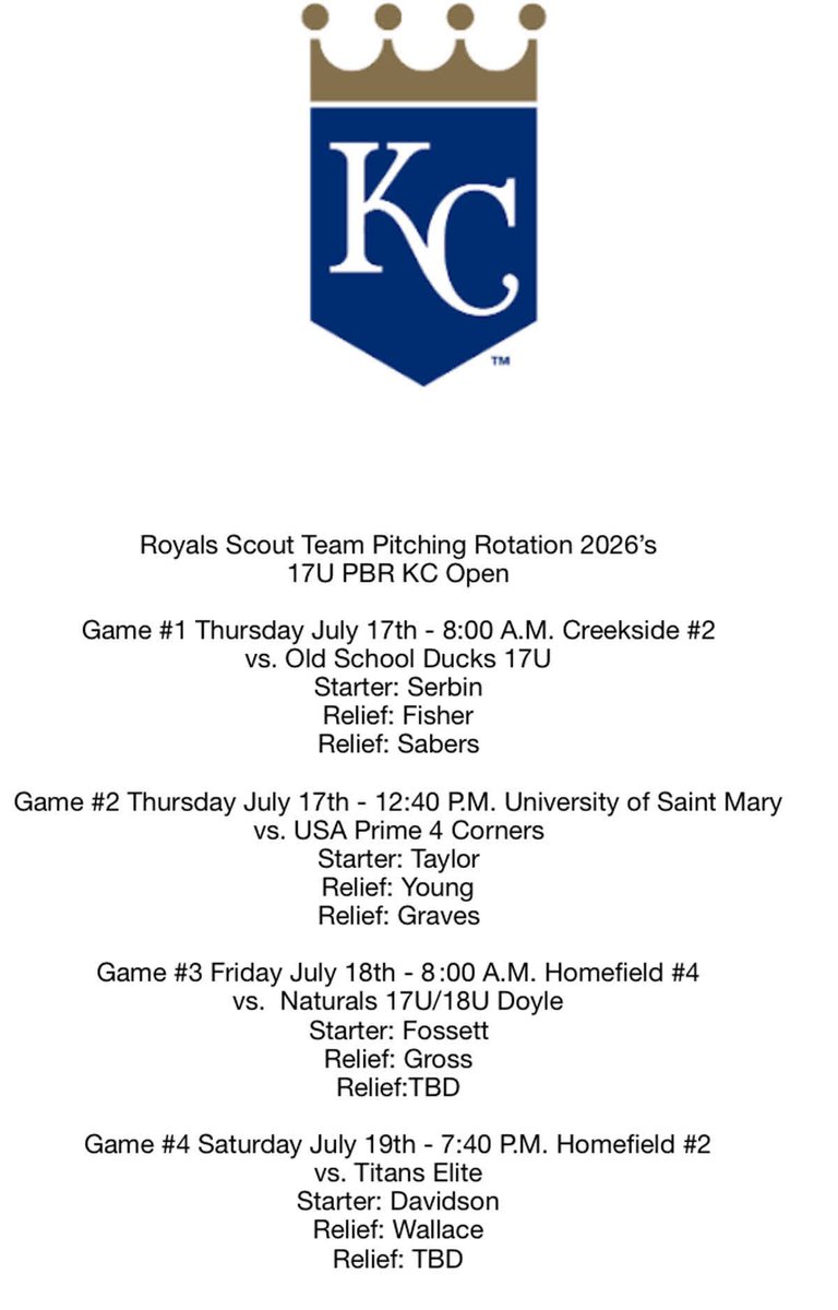 Brayden Davidson (@braydend1017) on Twitter photo I’ll be the starting pitcher in Game 4 on Saturday July 19th at 7:40 pm on Homefield #2 in the <a href="/prepbaseball/">Prep Baseball</a> KC Open.
<a href="/RoyalsScoutTeam/">RoyalsScoutTeam</a> <a href="/LNEagleBaseball/">LNHS_Baseball</a> <a href="/ljhatchpb/">LJ Hatch Prep Baseball KC</a> <a href="/PBR_Moulder/">Kevin Moulder</a> <a href="/PB_Wilk/">Eliott Wilk</a> <a href="/pbtscouting/">Prep Baseball Scouting</a> <a href="/ColeDuensing_24/">Cole Duensing</a> <a href="/PridePitching/">Pride Pitching</a> I’ll be the starting pitcher in Game 4 on Saturday July 19th at 7:40 pm on Homefield #2 in the <a href="/prepbaseball/">Prep Baseball</a> KC Open.
<a href="/RoyalsScoutTeam/">RoyalsScoutTeam</a> <a href="/LNEagleBaseball/">LNHS_Baseball</a> <a href="/ljhatchpb/">LJ Hatch Prep Baseball KC</a> <a href="/PBR_Moulder/">Kevin Moulder</a> <a href="/PB_Wilk/">Eliott Wilk</a> <a href="/pbtscouting/">Prep Baseball Scouting</a> <a href="/ColeDuensing_24/">Cole Duensing</a> <a href="/PridePitching/">Pride Pitching</a>