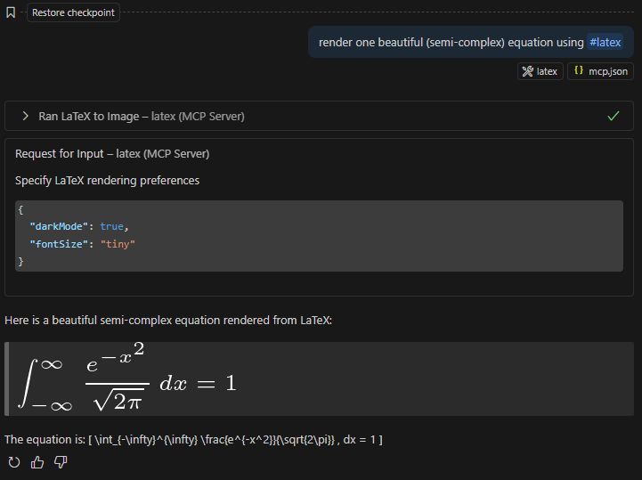 kzu's tweet image. The "elicitation" of user input from #MCP in @code is pretty sleek. Here I moved the LaTeX rendering preferences to user input if not set (via env/config), from first tool run to successful render. Sleek as hell, and in a trivial single-file @dotnet run .cs!
Source:…