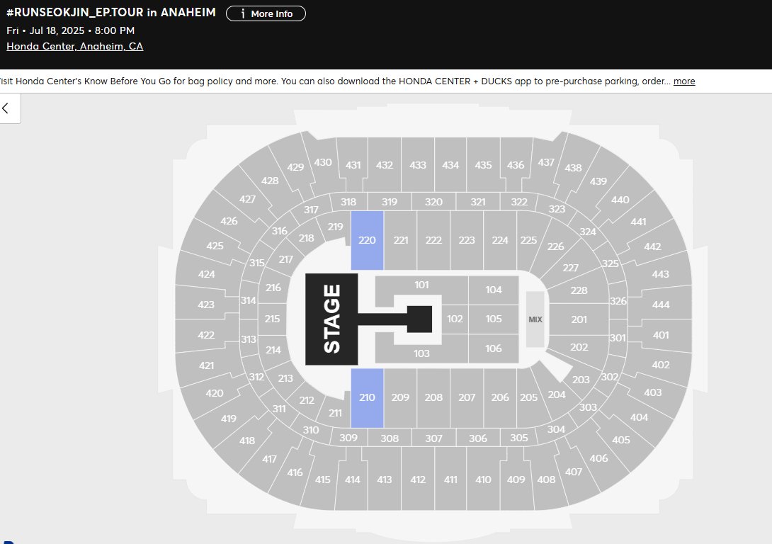🚨🚨🚨
They added some seats in Anaheim

Day 1 : 66 seats
Day 2 : 35 seats

GOO and GRAB it fast !!!
runseokjineptour.com