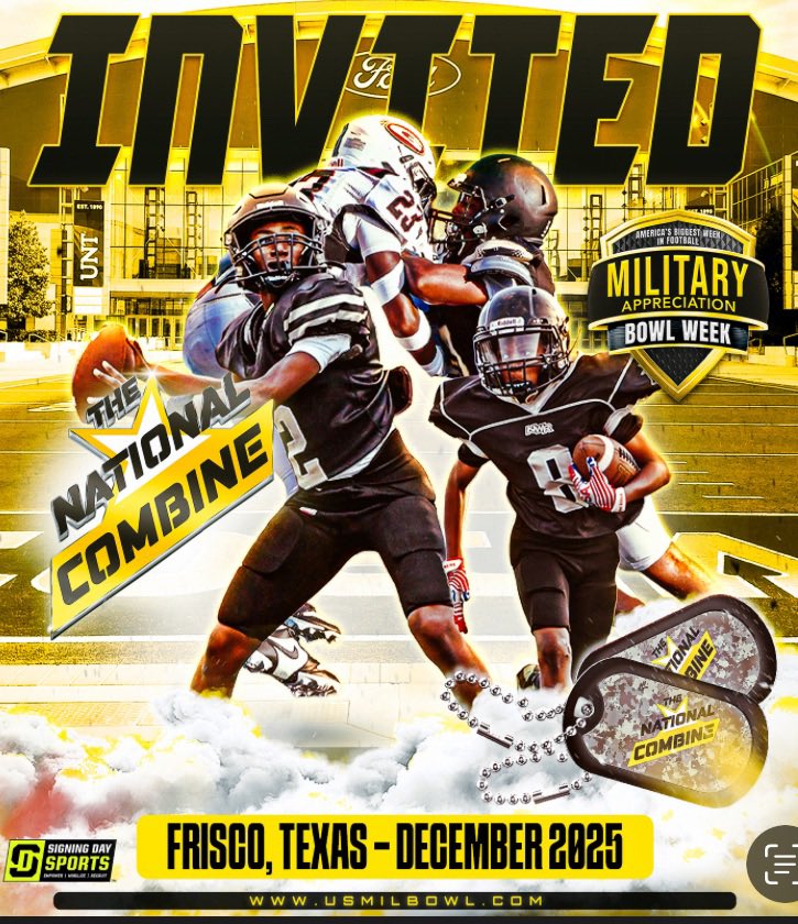 Received my official invite to #TheNationalCombine - Thank You God for blessing me in these opportunities and thank you <a href="/coachtallison/">Tommy Allison</a> ,<a href="/USArmyBowl/">Military Appreciation Bowl Week</a> , and <a href="/GregCooperUSA/">Sr. Nat’l Director | Military Appreciation Bowl</a> . I also wanna thank my middle coaches from nominating me to this opportunity <a href="/AthleticsSMS/">Strickland MS Athletics</a>.