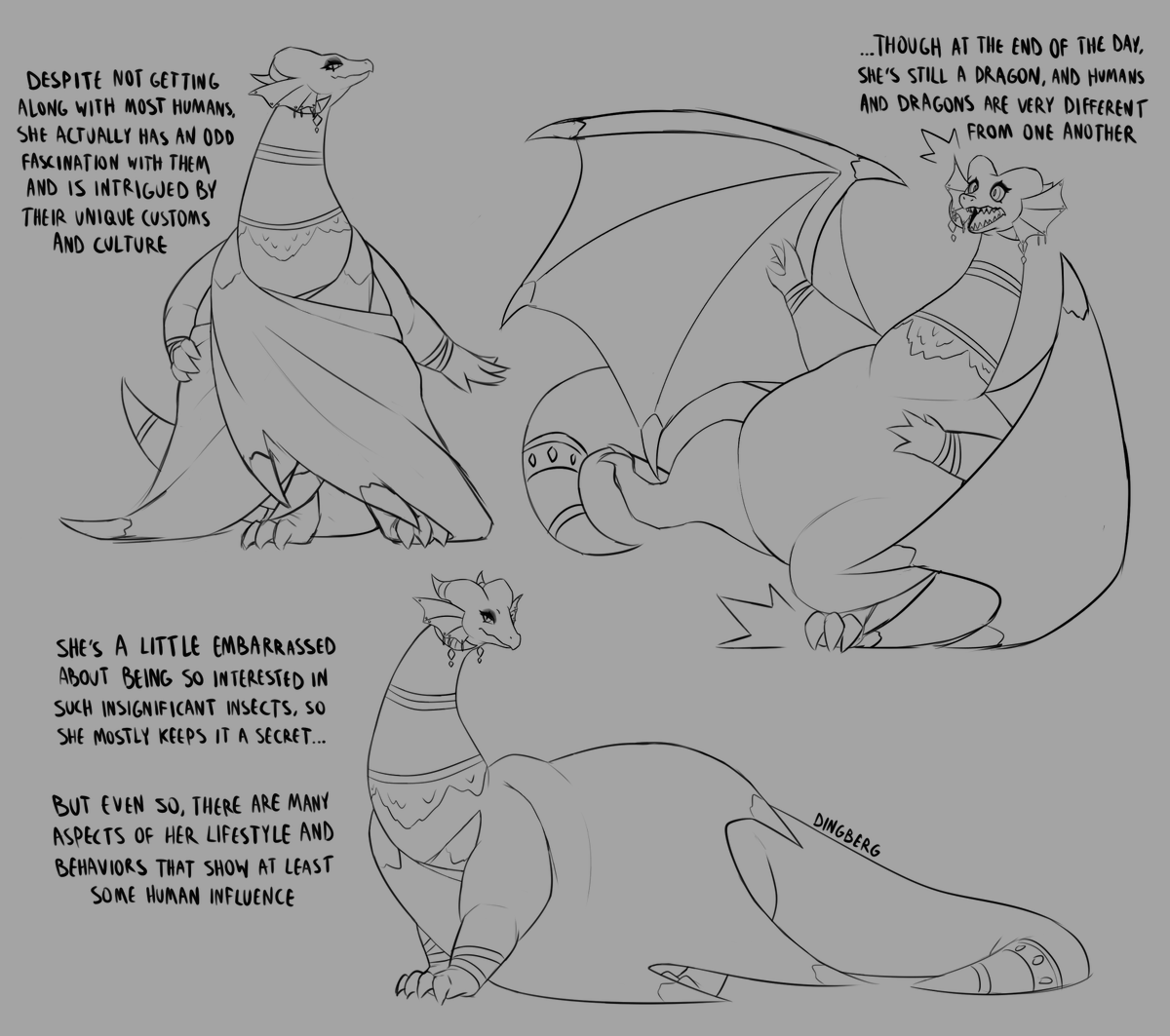 Had a fun idea with my dragon turning her wings into a dress, and it tied perfectly into an aspect of her character. So I thought I'd take a quick break from working on figuring out her color scheme and make a little sketch page out of it.