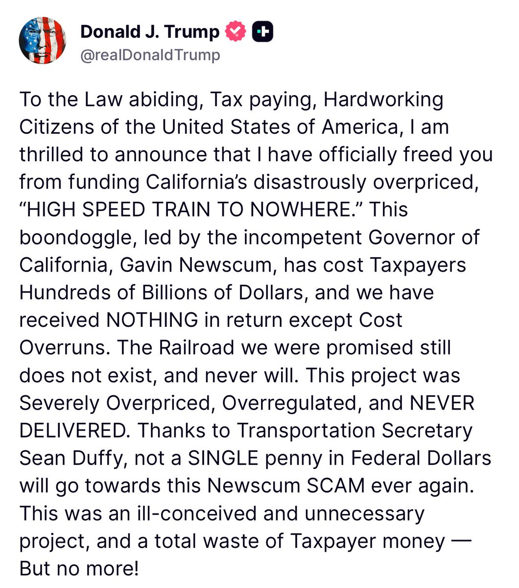 HOLY SH*T 🚨 President Trump ended Governor Newsom’s whole career by officially cancelling the funding for Newscum’s “high speed train” project

I LOVE THIS 🔥