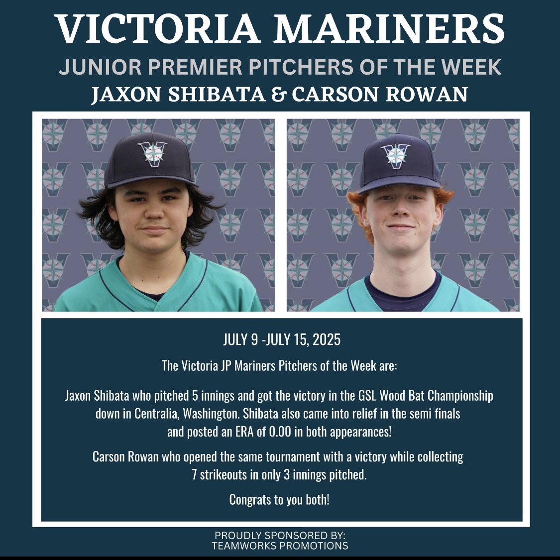 The Victoria Mariners Junior Premier Pitchers of the Week are Jaxon Shibata and Carson Rowan. Pitcher of the Week is sponsored by TeamWorks Promotions. Congratulations Jaxon and Carson!