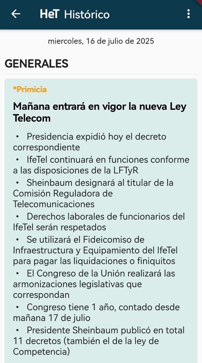 .#PRIMICIA de HOY en TELECOM

Junto con otros 10 decretos, la presidente Sheinbaum promulgó la Ley Telecom.

Congreso tiene 1 año, contado desde mañana 17 de julio, para realizar las armonizaciones legislativas que procedan.