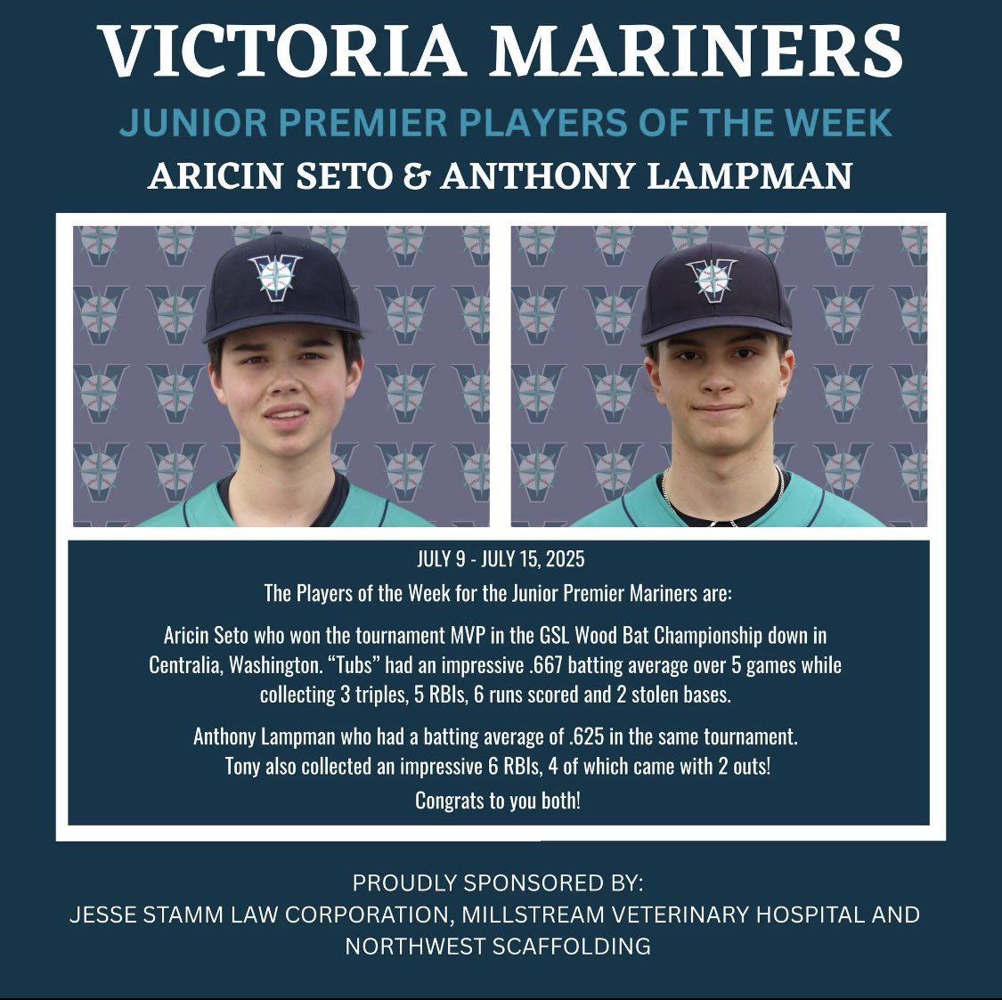 The Victoria Mariners Junior Premier Players of the Week are Aricin Seto and Anthony Lampman. Player of the Week is sponsored by Jesse Stamm Law Corporation, Millstream Veterinary Hospital and Northwest Scaffolding. Congratulations Aricin and Carson!
