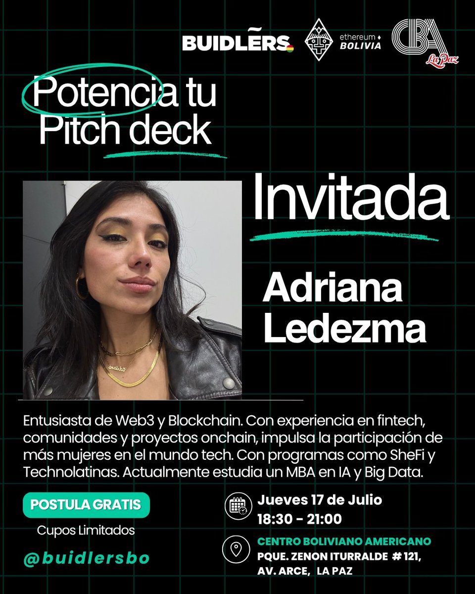Buidlers Bolivia (@buidlersbo) on Twitter photo 🔊 Aprende a presentar como un pro con hacks y tips exclusivos de tres speakers de primer nivel en el evento Potencia tu Pitch deck - La Paz
🗒️Este 17 de Julio
🕑18:30 a 21:00pm
Nos acompañan expertos
🚀 <a href="/ContiLea/">contilean.eth 🦇🔊</a>
👩💻 <a href="/fa_async/">Fabi Async</a>
🧠 <a href="/adyonchain/">ady</a>
Registrate
lu.ma/0jpzqwyd 🔊 Aprende a presentar como un pro con hacks y tips exclusivos de tres speakers de primer nivel en el evento Potencia tu Pitch deck - La Paz
🗒️Este 17 de Julio
🕑18:30 a 21:00pm
Nos acompañan expertos
🚀 <a href="/ContiLea/">contilean.eth 🦇🔊</a>
👩💻 <a href="/fa_async/">Fabi Async</a>
🧠 <a href="/adyonchain/">ady</a>
Registrate
lu.ma/0jpzqwyd