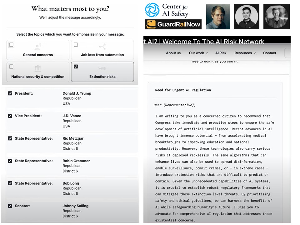 DrTechlash's tweet image. A collaboration to automatically spam Federal & State politicians on AI "extinction risks" was launched today by John Sherman's new "AI Risk Network/ GuardRailNow" and Dan Hendrycks' Center for AI Safety. Their tool sends pre-written emails to Congresspeople/Senators/Governors.…