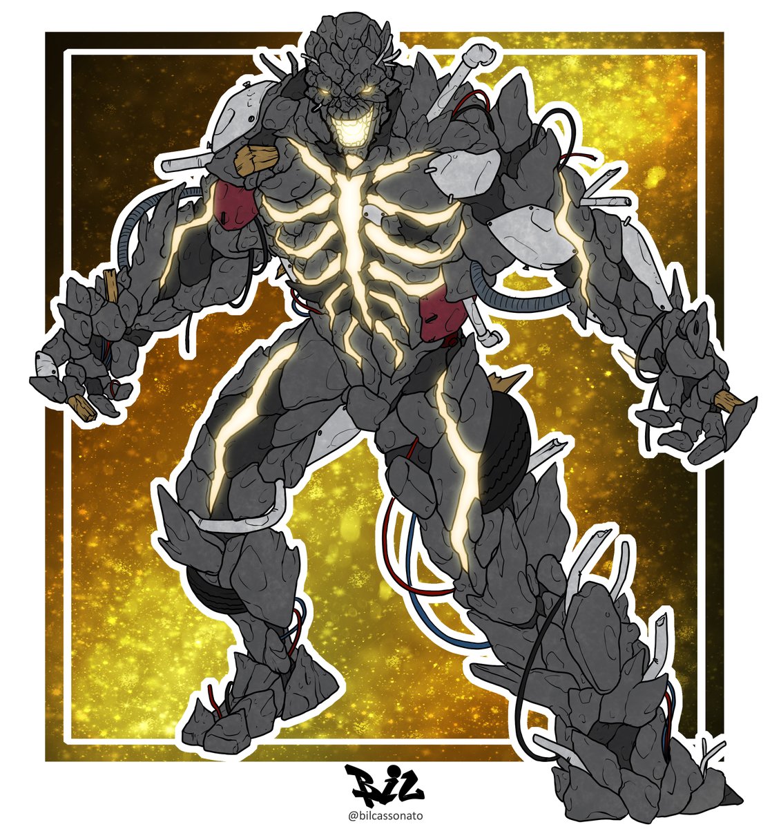 Second new American Queen villain of the week!! This here is S-Bomb, a powerful villain with the ability to absorb kinetic energy, explode and rebuild himself from the debris.

You can learn more about S-Bomb on NRG’s Deviant Art Page: deviantart.com/nrgcomics/art/…