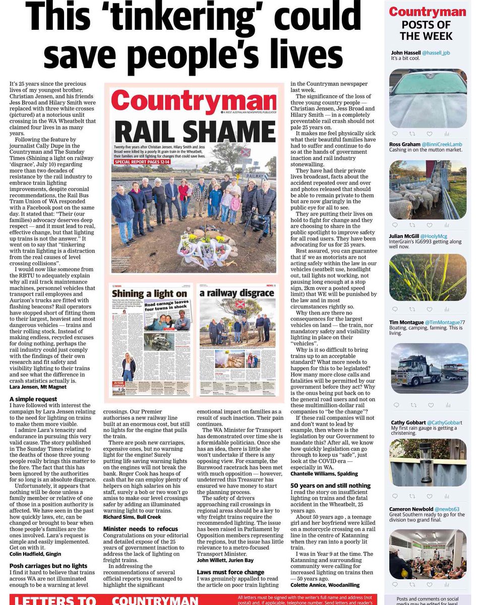 Improve Train Lighting & Passive Level Crossings (@lightuprail) on Twitter photo Outstanding letters in today's Countryman newspaper (17.7.2025) - ALL in support of change! When will our government (supposedly hell bent on keeping us all safe) act on this glaringly obvious public safety issue? All senior ministers can rest assured our families will keep Outstanding letters in today's Countryman newspaper (17.7.2025) - ALL in support of change! When will our government (supposedly hell bent on keeping us all safe) act on this glaringly obvious public safety issue? All senior ministers can rest assured our families will keep