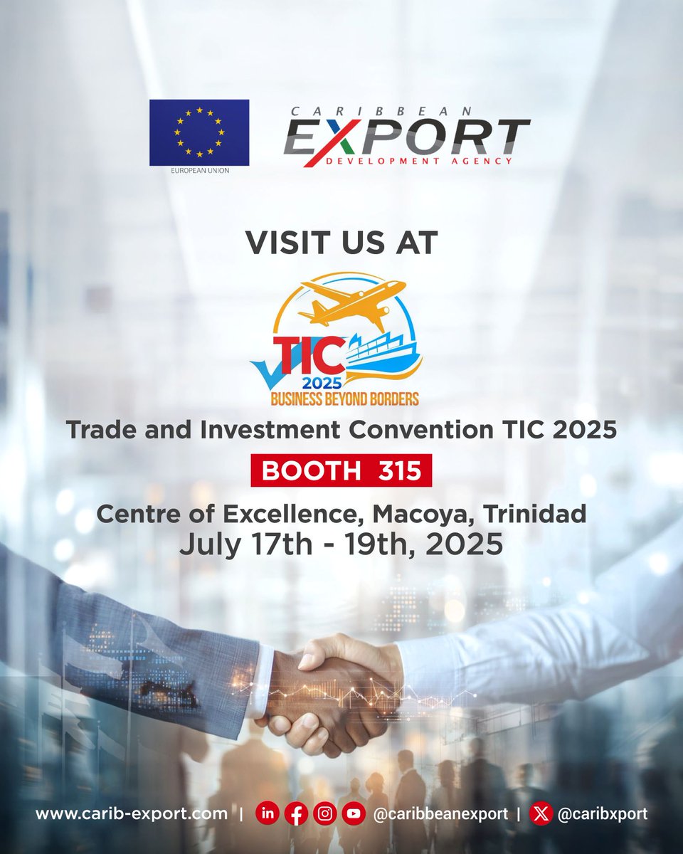 🌟 We’re ready to connect, Join us at #TIC2025!

Caribbean Export is excited to be part of the Trade and Investment Convention happening July 17–19 at the Centre of Excellence, Macoya, Trinidad.🇹🇹 

📌 Visit us at Booth 315 to learn more about our #EUfunded programmes and how