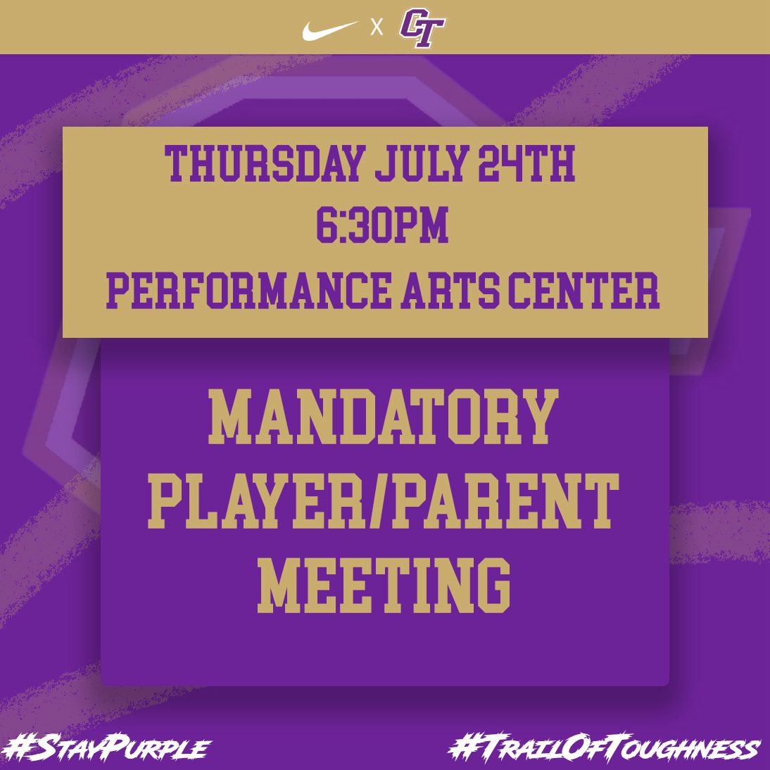 iCoachNash's tweet image. Ranger Parents and Players! I’m looking forward to formally meeting you all. This meeting is for all Ranger players from incoming 9th graders to Seniors. We will cover fall camp information, practice times, expectations and much more. See you then!
#StayPurple #TrailOfToughness