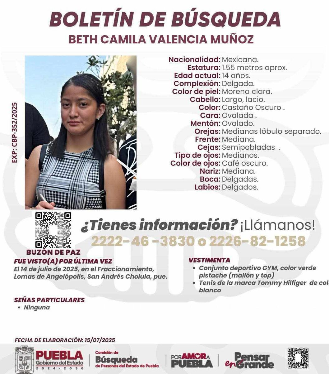 #ServicioSocial  🔎|| Se solicita la ayuda de la ciudadanía para localizar a Beth Camila Valencia Muñoz, fue vista por última vez el 14 de julio en Lomas de Angelópolis. #SeBusca #Desaparecida #Localiza