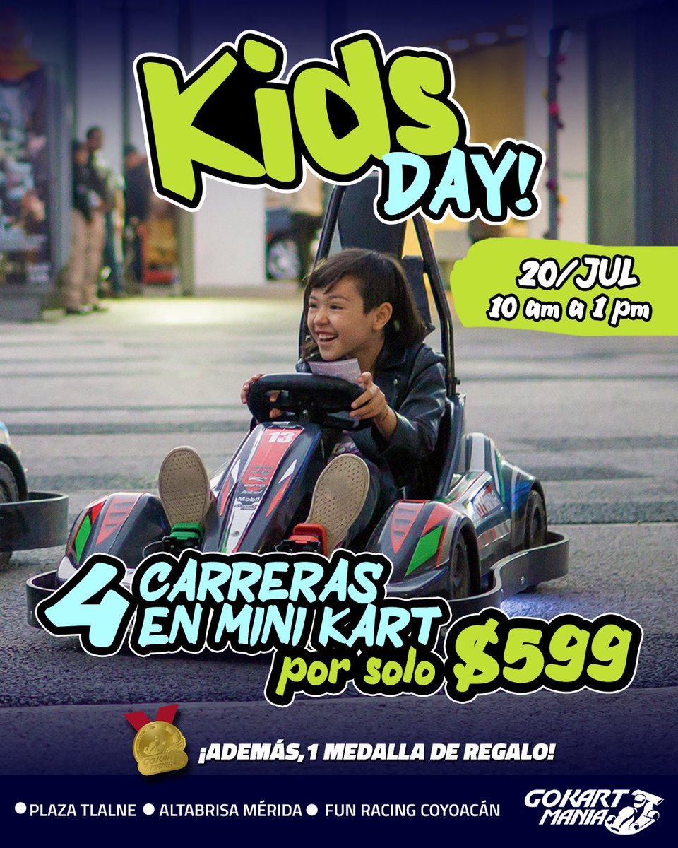 ALERTA DE DIVERSIÓN 🚨

Ven con tus peques de 3 a 7 años y dale su día del niño por adelantado con esta increíble promoción.
4 carreras 🏎️🏎️🏎️🏎️ + 1 medalla 🥇 por tan sólo $599 🤩
🗓️¡Te esperamos este 20 de julio de 10:00 a 13:00 hrs!
📍Sólo en Plaza Tlalne, Mérida y Coyoacán.