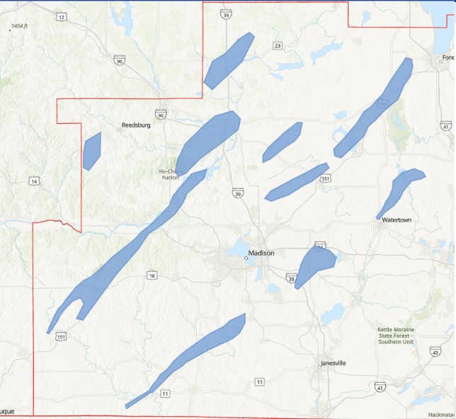 NWSMilwaukee's tweet photo. We currently have 10 areas that had rotation (dark blue) that we're looking for any information on.  The main areas where we have video/pics are Dodgeville, Mazomanie, Beaver Dam and Hustisford.  Any cross streets with damage is helpful.  #wiwx https://t.co/q1kwlS5Luz