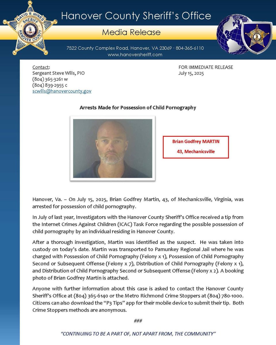 muttnut24's tweet image. Arrest of Master Firefighter &amp;amp; Former Teacher Made for Possession of Child Pornography

Hanover, Va. – On July 15, 2025, Brian Godfrey Martin, 43, of Mechanicsville, Virginia, was arrested for possession of child pornography.  

wric.com/news/local-new…