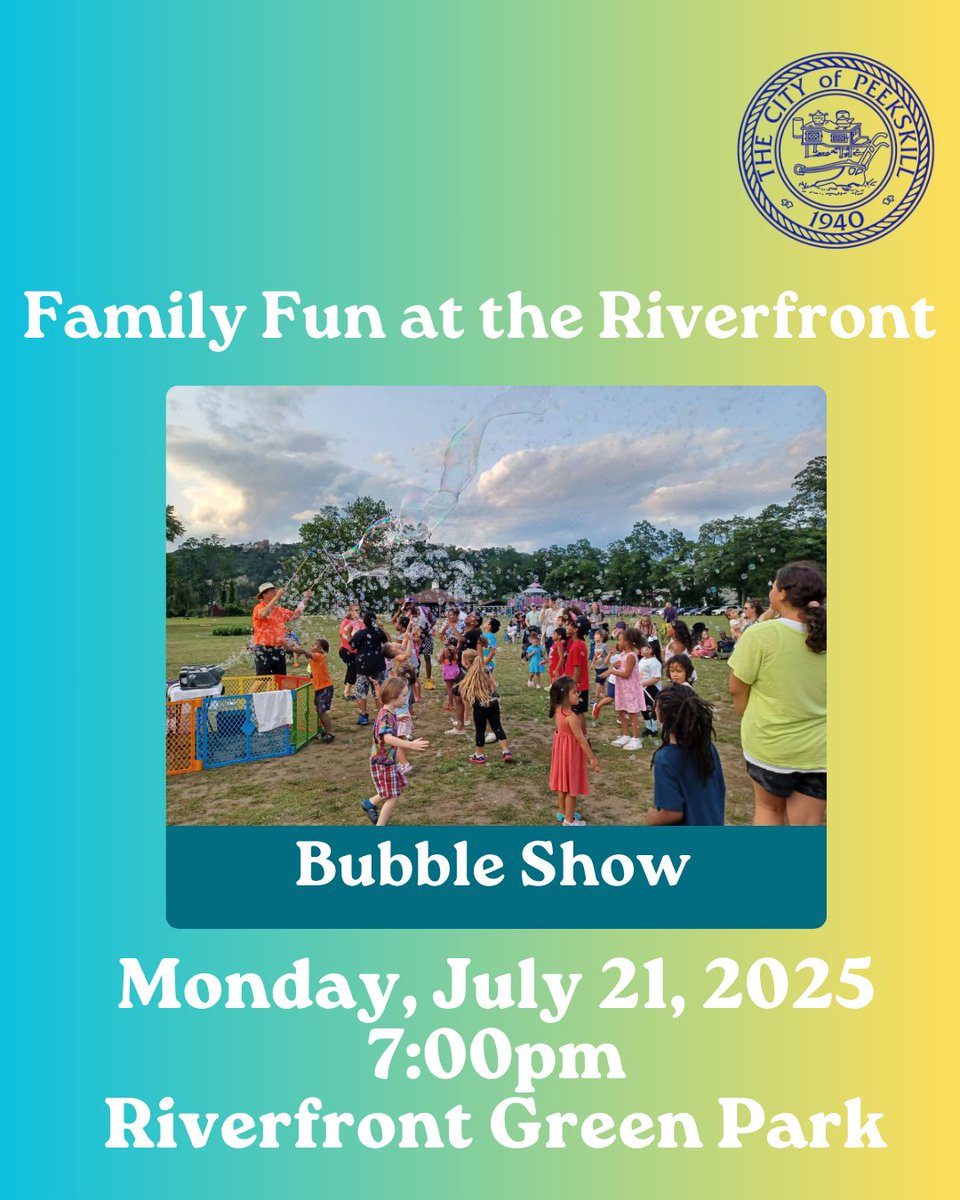 CityOfPeekskill's tweet image. It's time for an evening of bubbles! Join us at the Riverfront on Monday, July 21st at 7:00 pm for the return of Bubble Show.
