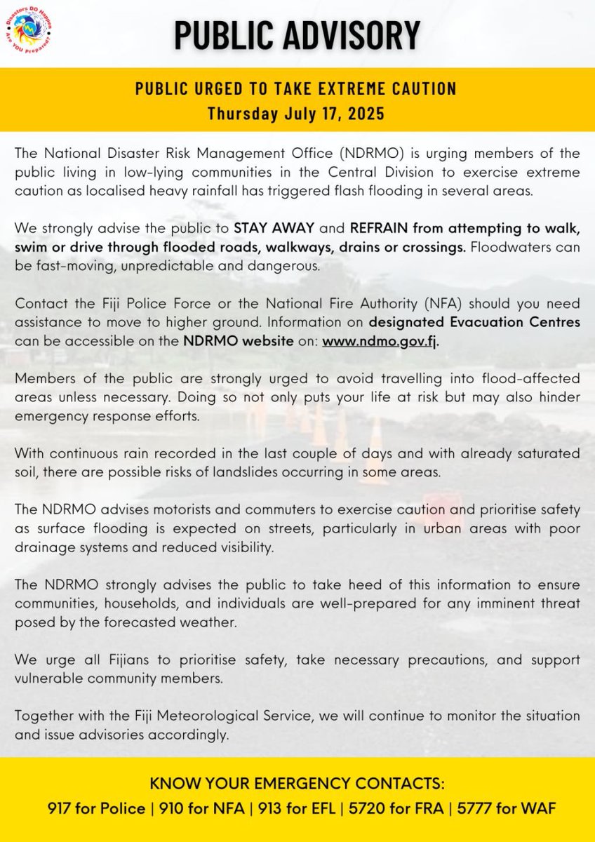 Fiji NDRMO (@fijindrmo) on Twitter photo 📢 PUBLIC ADVISORY📍
⚠️Members of the public urged to take extreme caution
⚠️Localised heavy rainfall has triggered flooding in parts of Central Division
🚫 STAY AWAY from flooded rivers, roads, walkways or crossings
✅ Prioritise safety at all times‼️
✅ READ MORE ⬇️ 📢 PUBLIC ADVISORY📍
⚠️Members of the public urged to take extreme caution
⚠️Localised heavy rainfall has triggered flooding in parts of Central Division
🚫 STAY AWAY from flooded rivers, roads, walkways or crossings
✅ Prioritise safety at all times‼️
✅ READ MORE ⬇️