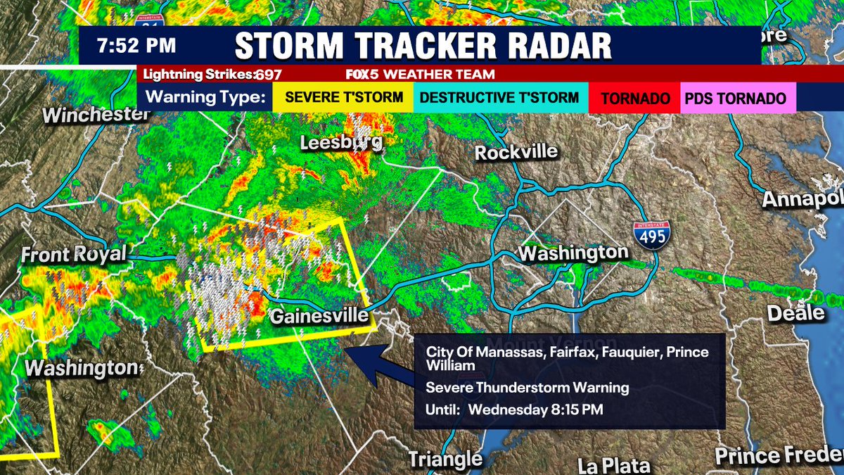 MikeTFox5's tweet image. Add northeast Fauquier, western Prince William to the list of counties under severe thunderstorm warnings. If this cell continues, Fairfax and DC will be next up.