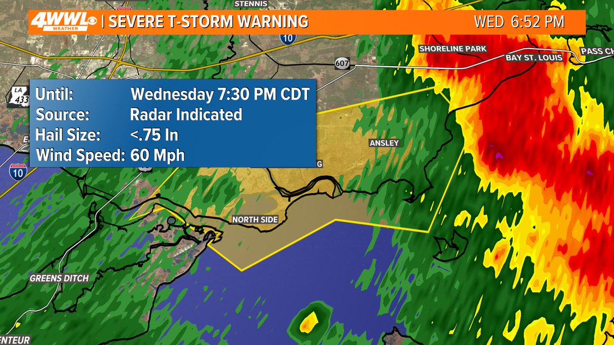 wwltvweather's tweet image. A Severe Thunderstorm Warning has been issued for areas in Hancock, St. Tammany until 7/16 7:30PM. Seek shelter indoors until the storm has passed. #BeOn4