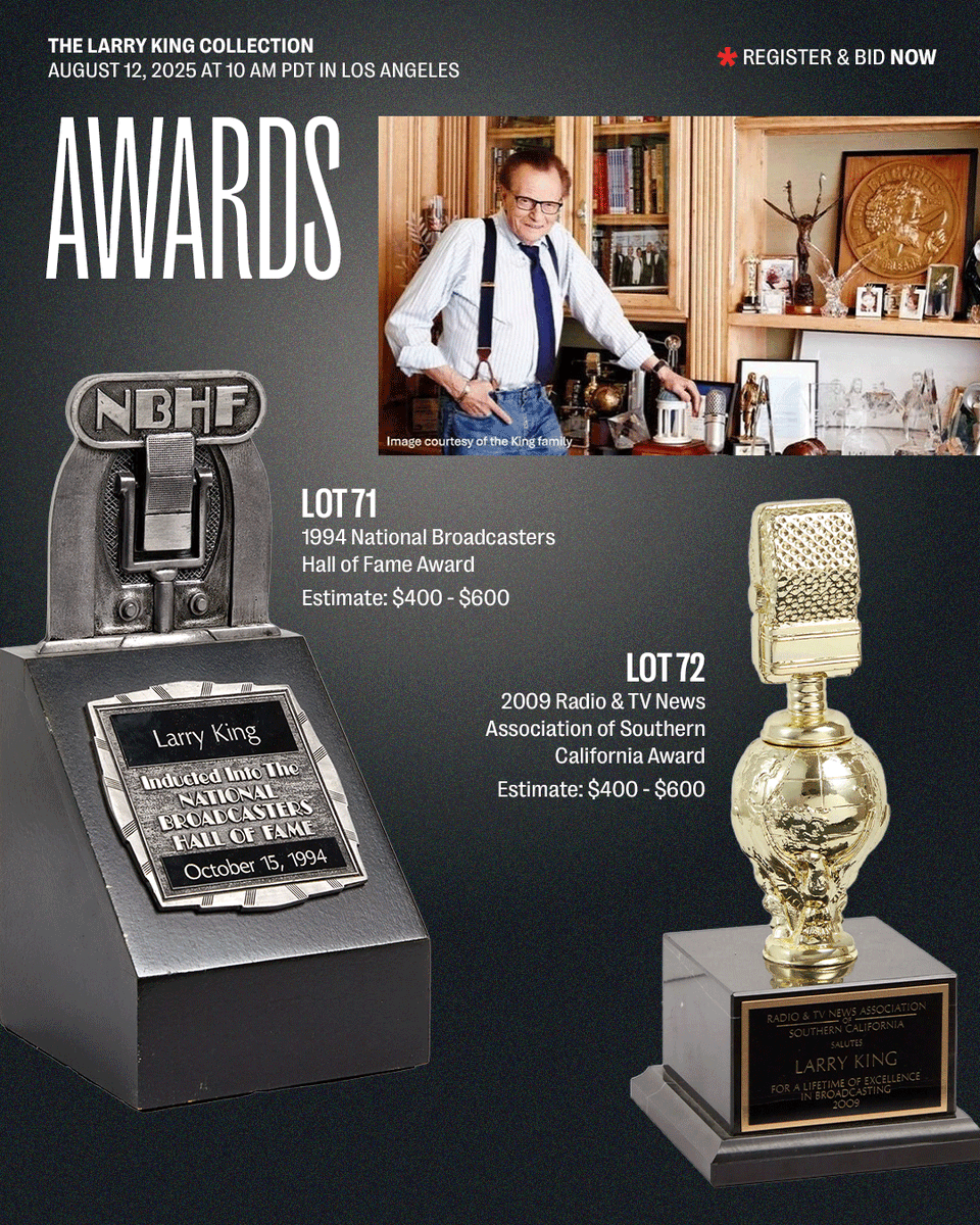 JuliensAuctions's tweet image. Spanning sports memorabilia, awards, signed items, and books, The Larry King Collection offers an intimate portrait of Larry King’s extraordinary life and enduring legacy. The collection speaks to his prolific broadcasting career, deep affection for the Los Angeles Dodgers, and…
