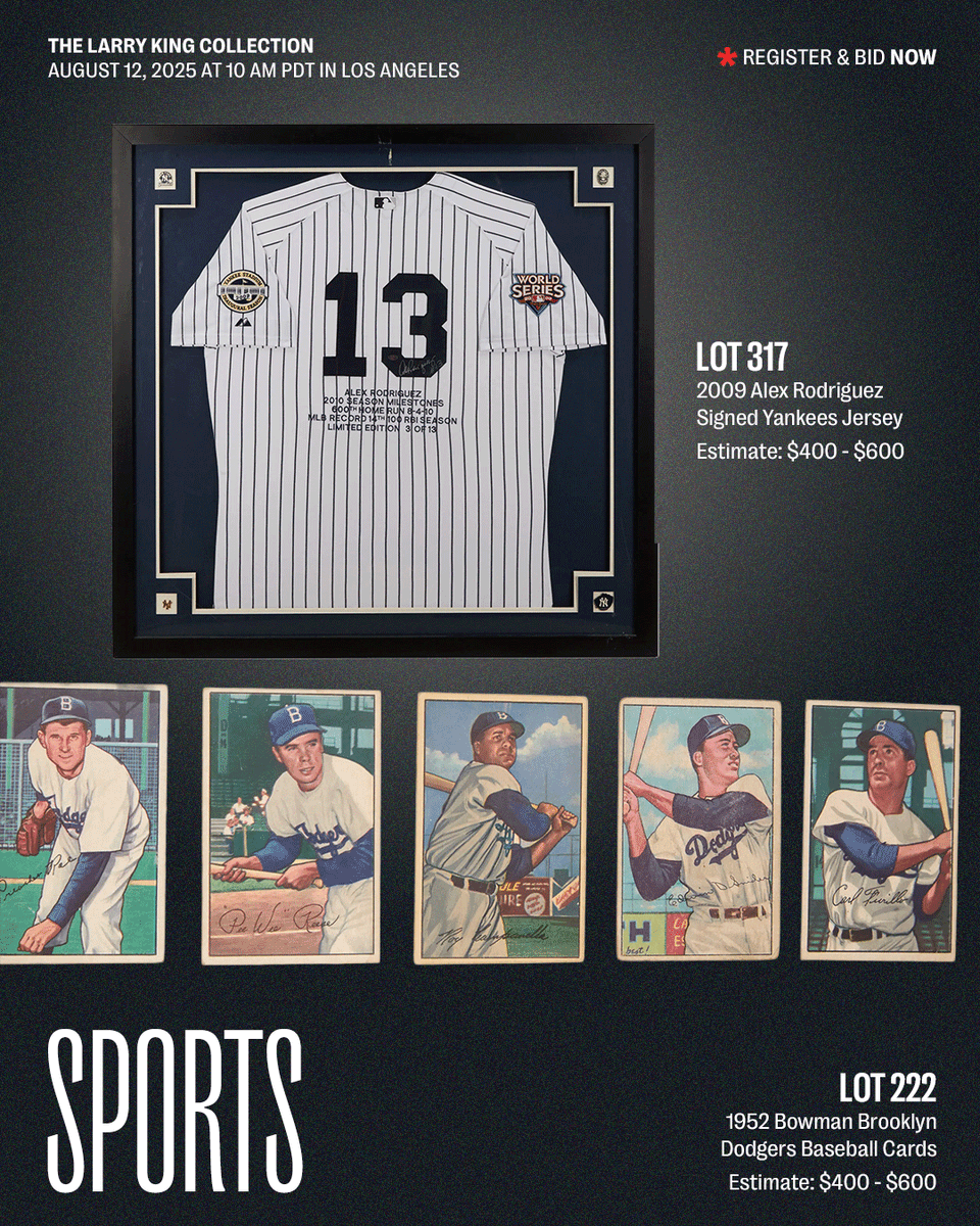 JuliensAuctions's tweet image. Spanning sports memorabilia, awards, signed items, and books, The Larry King Collection offers an intimate portrait of Larry King’s extraordinary life and enduring legacy. The collection speaks to his prolific broadcasting career, deep affection for the Los Angeles Dodgers, and…