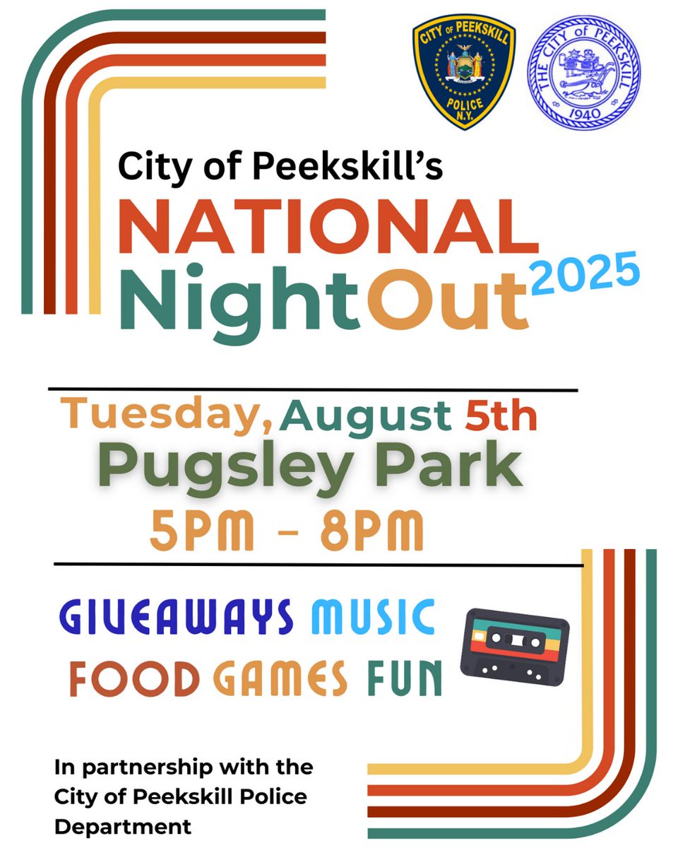 CityOfPeekskill's tweet image. Don't miss out on our National Night Out! Join us at Pugsley Park on Tuesday, August 5th, from 5:00 pm - 8:00 pm for an evening of food, games, giveaways, music, and fun.