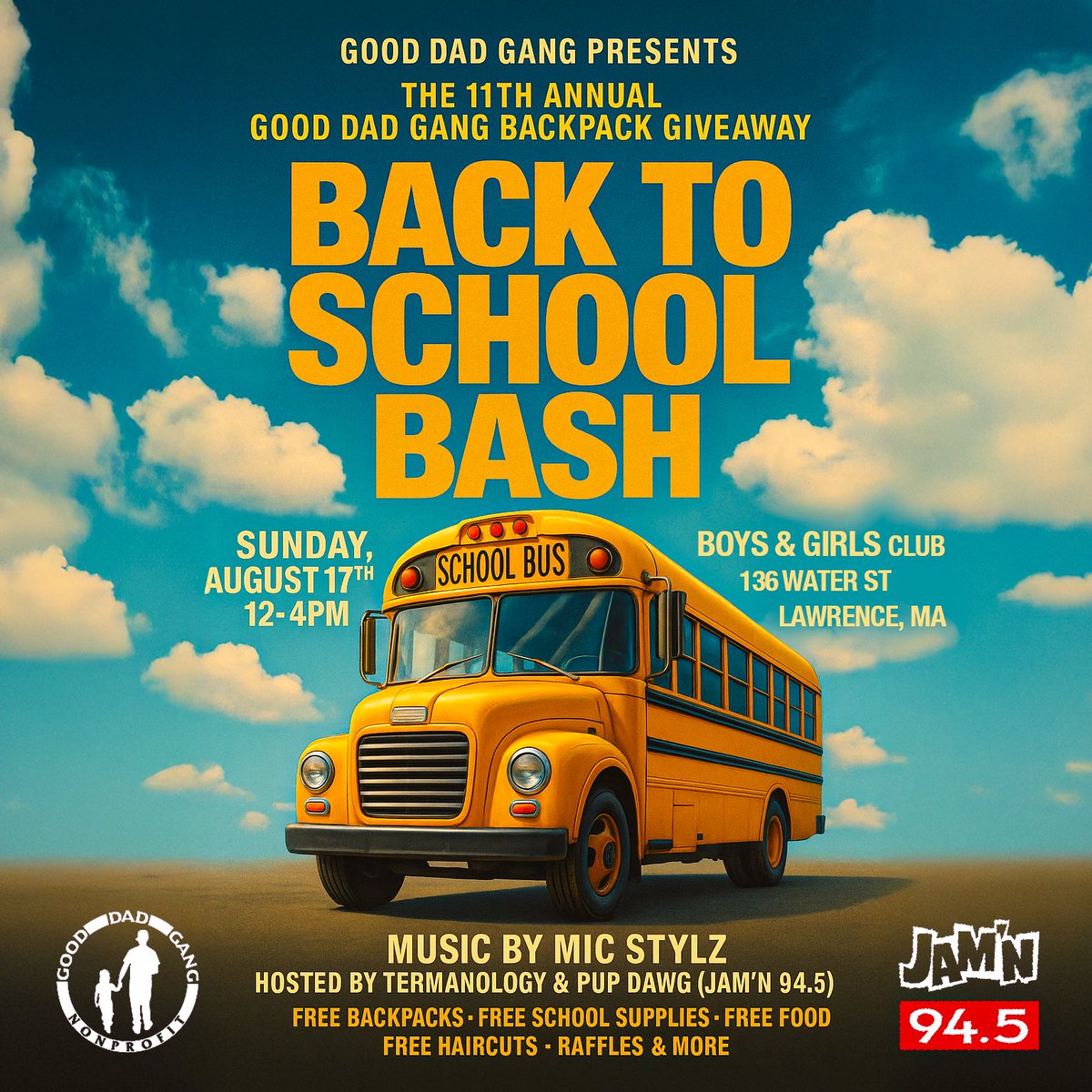 TermanologyST's tweet image. Get ready for the 11th Annual Good Dad Gang Backpack Giveaway: Back to School Bash 2025! 🎒✏️
Join us on Sunday, August 17th from 12-4 PM at the Boys & Girls Club, 136 Water St, Lawrence, MA.
@gooddadgang