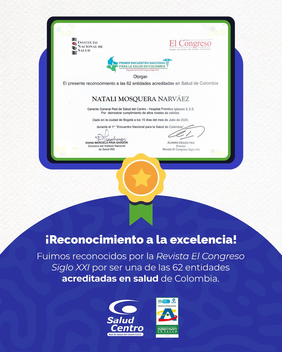 🎉 ¡Un nuevo logro que nos llena el corazón! 🏅

📍Ayer fuimos reconocidos por la Revista El Congreso Siglo XXI como una de las 62 entidades acreditadas en salud en Colombia. 🏥✨

#RedDeSaludDelCentro #AcreditaciónEnSalud #Reconocimiento #ElCongresoSigloXXI #SaludParaTodasYTodos