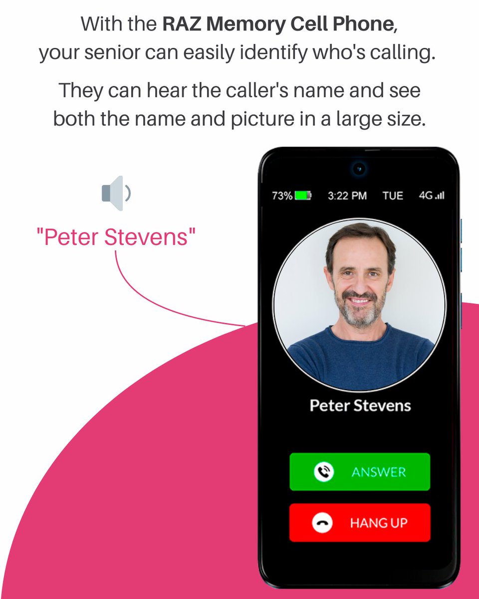 An unexpected call can be confusing for seniors with cognitive decline, especially when they can’t tell who’s calling.

The RAZ Memory Cell Phone helps reduce that confusion by clearly showing the caller’s name and photo on screen. The phone can also  announce the caller’s name