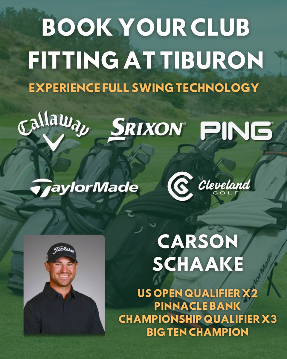 Tiburon Golf Club & Banquet Facility (@tiburongolfclub) on Twitter photo We’re excited to welcome Carson Schaake—2x U.S. Open qualifier—to the team, bringing pro-level club fitting powered by Full Swing Technology.
Now fitting top brands:
• Callaway
• TaylorMade
• Srixon
• Cleveland
📅 Book your session today at tiburongolf.com/clubfitting We’re excited to welcome Carson Schaake—2x U.S. Open qualifier—to the team, bringing pro-level club fitting powered by Full Swing Technology.
Now fitting top brands:
• Callaway
• TaylorMade
• Srixon
• Cleveland
📅 Book your session today at tiburongolf.com/clubfitting