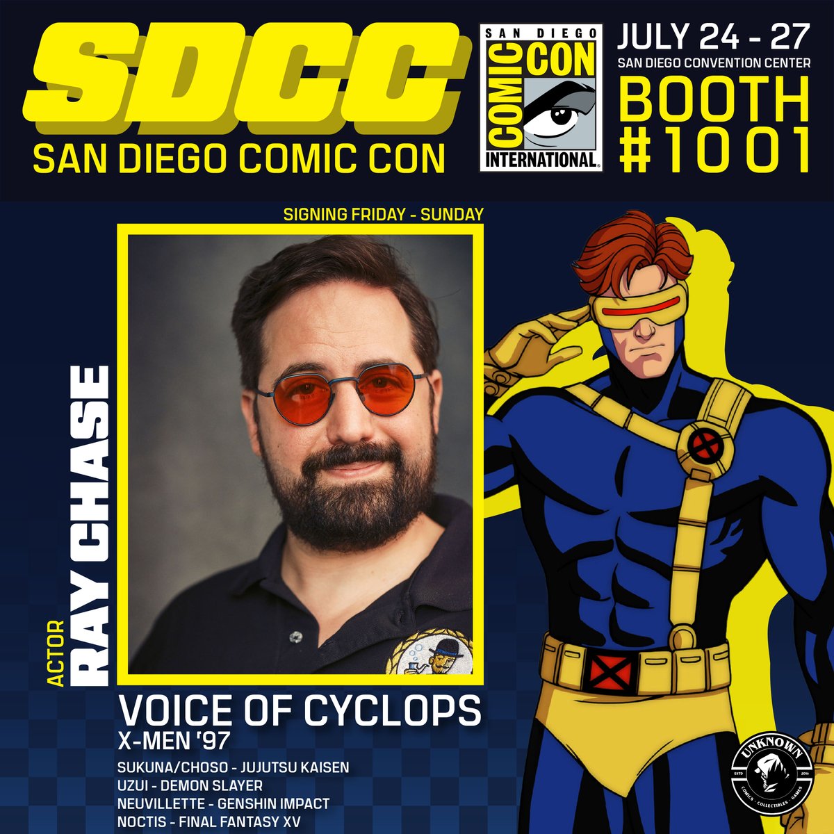 Unknown_Comics's tweet image. Optic Blast! ⚡️
X-Men '97 fans, get ready! Ray Chase, the voice of Cyclops, is coming to San Diego Comic-Con! Meet him at Booth #1001, July 25-27!
#SDCC #XMen97 #Cyclops #RayChase #ConGuest
