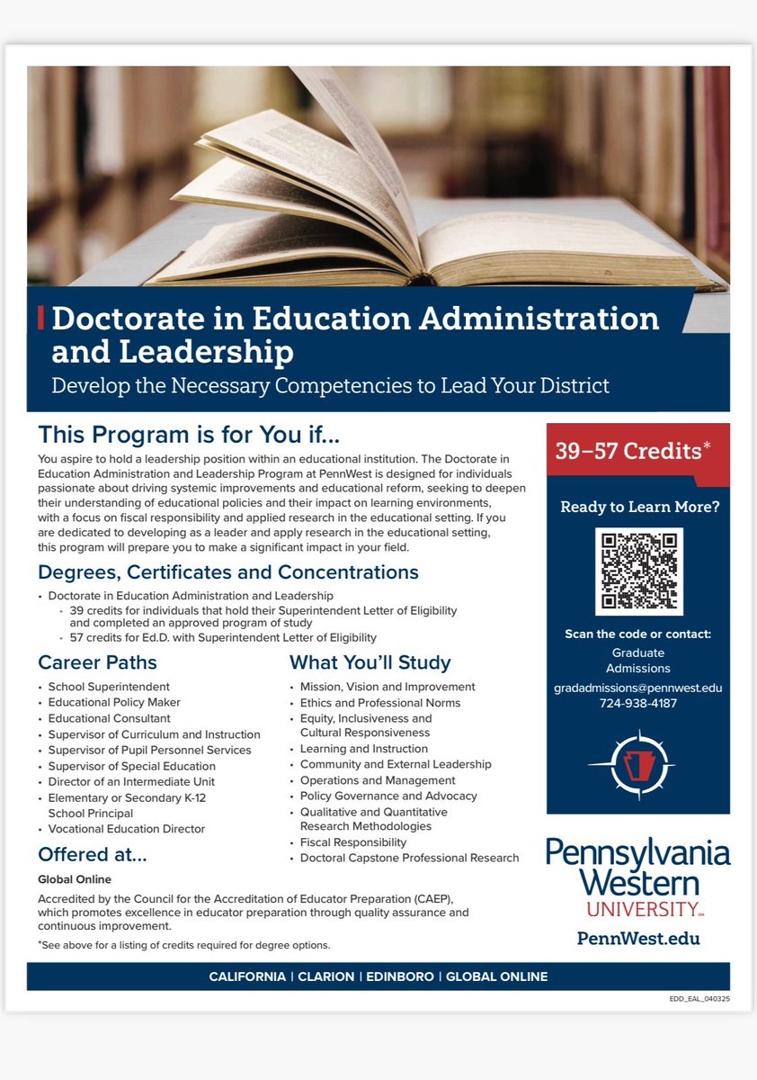 🎓 Still time to apply!
Looking to take the next big step in your career as an educational leader? Don’t miss your chance to join the Doctorate in Education Administration &amp; Leadership program at PennWest University!

🚀 Still Accepting Applications for the fall 2025 cohort!