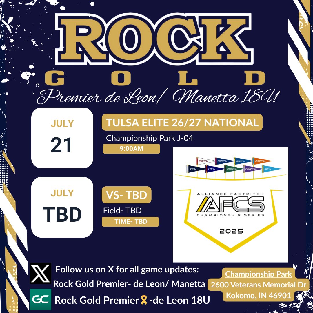 Next up Indiana!! Last tournament of the season. Let’s go Rock Gold🔥🔥
<a href="/Coach_Luis1721/">Coach Luis de Leon</a> <a href="/RockGold_deLeon/">Rock Gold Premier- de Leon / Manetta</a> <a href="/RockGoldManetta/">Rock Gold Manetta</a>