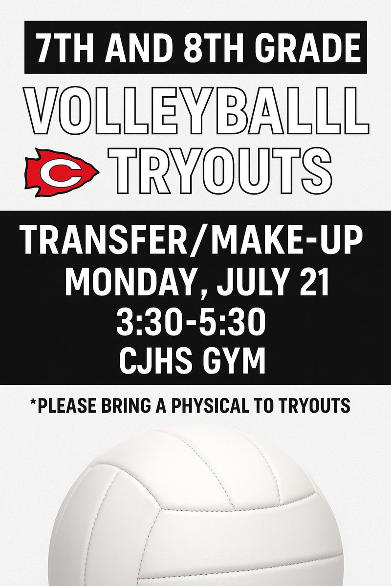 The Clinton Junior High Volleyball team (Grades 7 &amp; 8) will hold Transfer/Make-up tryouts from 3:30-5:30 p.m. in the CJHS gym on Monday, July 21.

Please bring an updated physical and a signed consent form to tryouts.