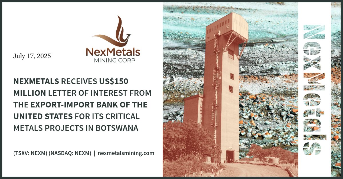 Premium Resources Ltd. (@prem_resources) on Twitter photo $NEXM (TSXV: NEXM | NASDAQ: NEXM) has received a non-binding Letter of Interest for up to US$150 million in potential financing from the <a href="/EximBankUS/">Export-Import Bank</a> to support the redevelopment of its critical metals projects in Botswana.
This LOI marks a strong show of support from the U.S. $NEXM (TSXV: NEXM | NASDAQ: NEXM) has received a non-binding Letter of Interest for up to US$150 million in potential financing from the <a href="/EximBankUS/">Export-Import Bank</a> to support the redevelopment of its critical metals projects in Botswana.
This LOI marks a strong show of support from the U.S.