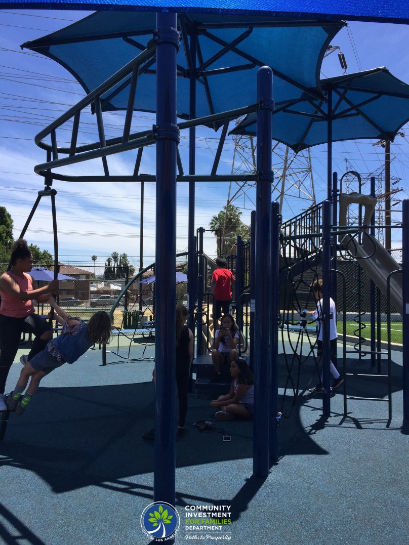 CIFDLA's tweet image. The Community Development Block Grant (CDBG) has a legacy of improving communities! CDBG helped LAPD Devonshire PALS after-school enrichment program add sports facilities for youth. The grand opening in 2018 featured a new soccer field, a play structure, and basketball courts.