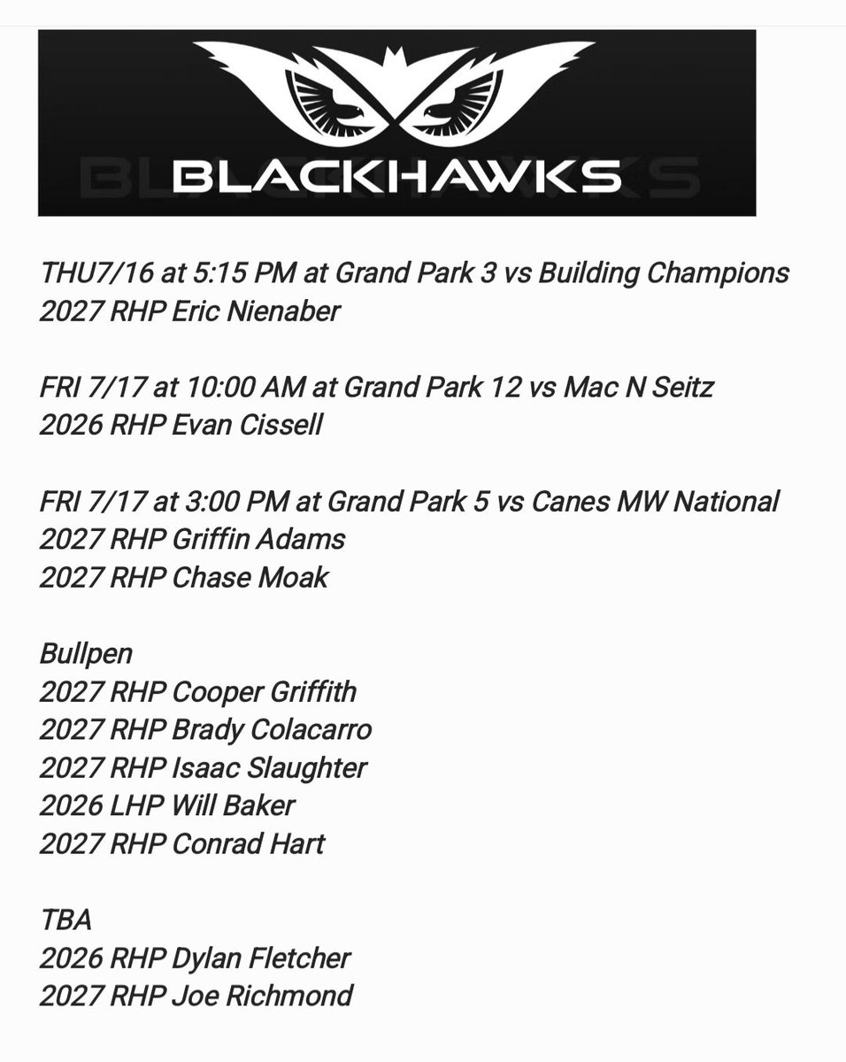CBC Marucci National 2027 (@cbcblackhawks24) on Twitter photo Pitching schedule for <a href="/Bullpenevents/">Bullpen Tournaments</a> ABC Championship pool play at Grand Park <a href="/CBCMarucci/">CBC Marucci Blackhawks</a> 👇 Pitching schedule for <a href="/Bullpenevents/">Bullpen Tournaments</a> ABC Championship pool play at Grand Park <a href="/CBCMarucci/">CBC Marucci Blackhawks</a> 👇