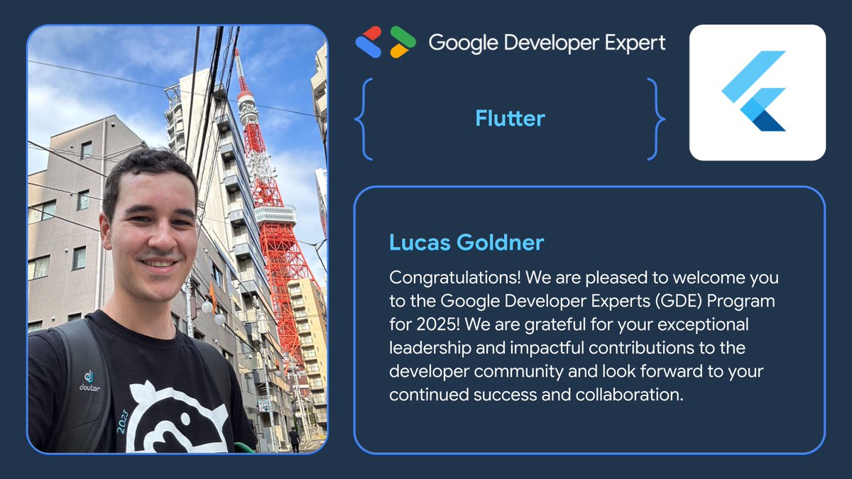 LucasGoldner's tweet image. 昨日から @FlutterDev とDartの @GoogleDevExpert になりました!!🎉🔥 @GerfalconVogel 、本当にありがとう!そして友達としてもいつも支えてくれて感謝してる🙏
この3年間、本気で走り続けてきたからこそ、この瞬間はめちゃくちゃ嬉しい。…