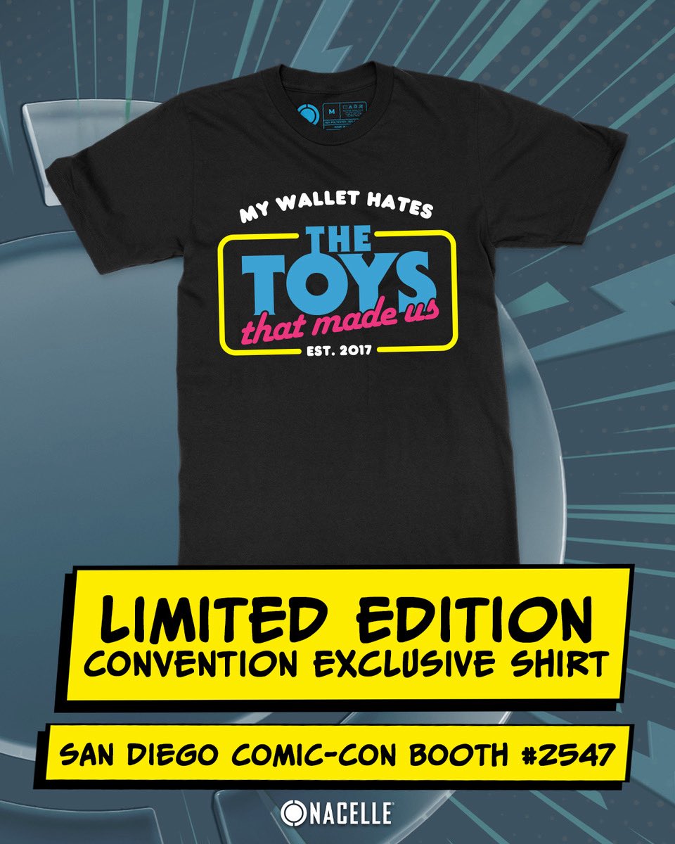 toysthatmadeus's tweet image. Helloooooo San Diego @comic_con! This super limited edition Toys That Made Us shirt is a convention exclusive and the SDCC exclusive posters are available to get signed at our booth 2547! Stay tuned for a full signing schedule dropping soon!
