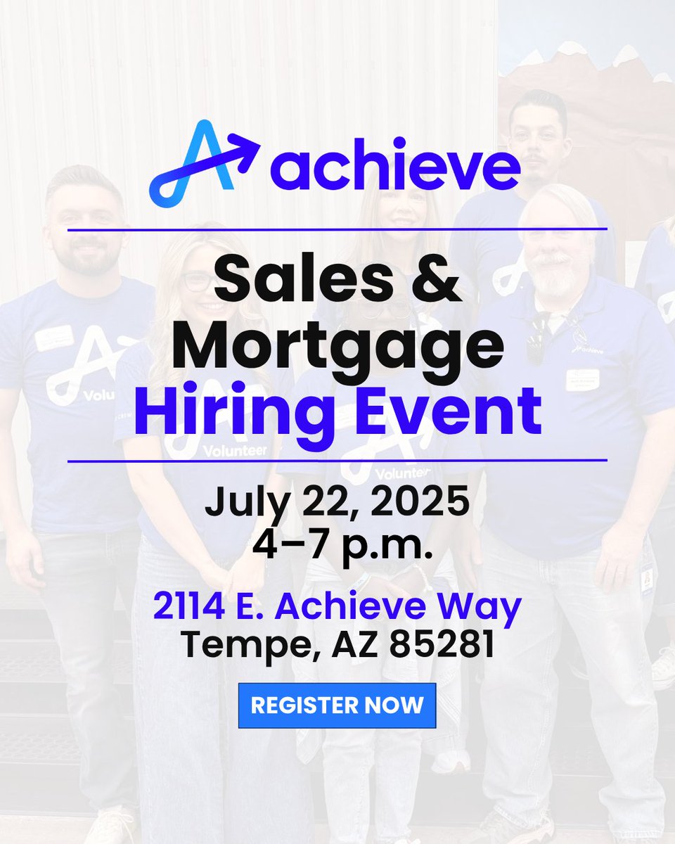 Hiring Alert! Join Achieve on July 22 | 4–7 p.m. in Tempe for SAME-DAY interviews in sales &amp; mortgage roles!

MLOs, Loan &amp; Debt Consultants
$75K–$150K+ OTE, hybrid options, full benefits

 📍2114 E. Achieve Way, Tempe, AZ 85281⁠
🔗 Register: hubs.li/Q03xzptx0