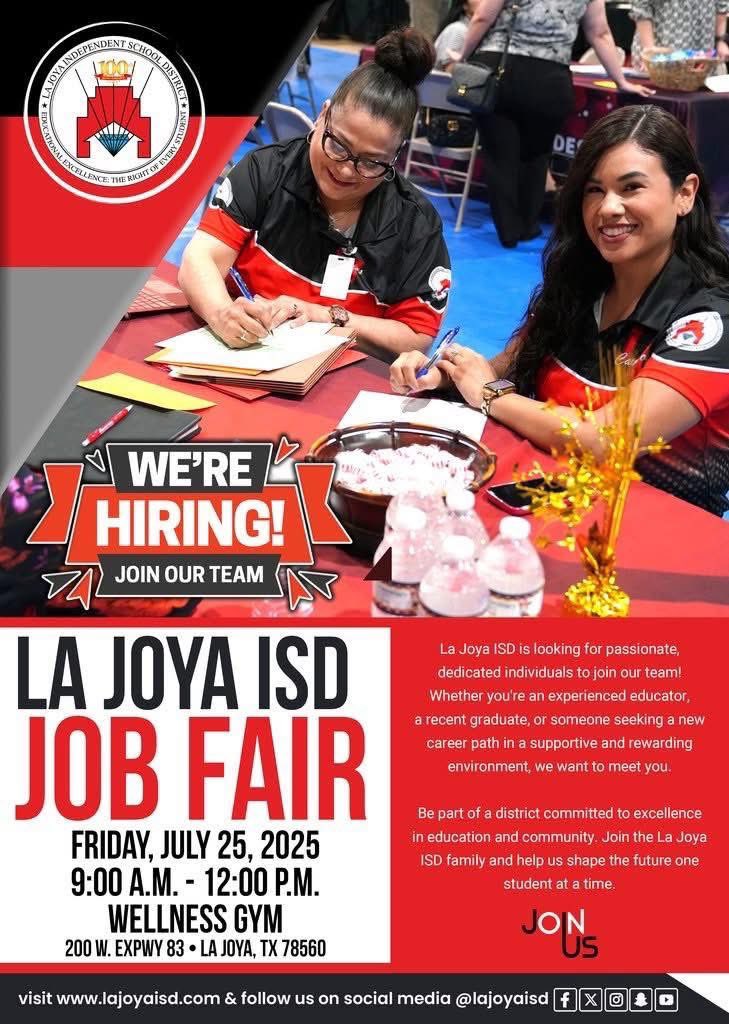 📣 We’re hiring! Join La Joya ISD at our Job Fair on Friday, July 25, 2025, from 9 AM to 12 PM at the Wellness Gym. Whether you’re an experienced educator or starting a new career path, come see how you can be part of our team!

📍 200 W. Expressway 83, La Joya, TX
👉 More