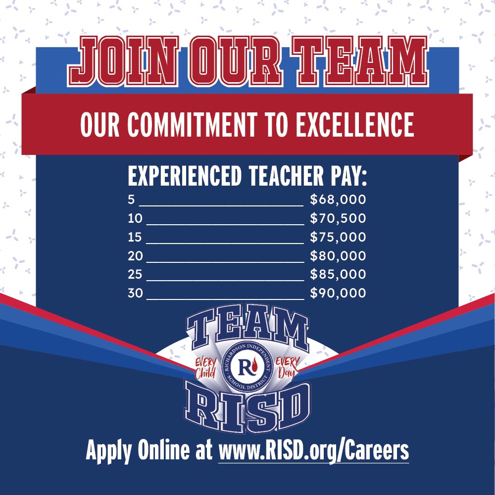 Join us on July 23 from 2:30-4:30PM at the Arzell Ball Center - 410 S Greenville Ave, Richardson, TX 75081 for the Job Fair! Come see the opportunities in store in a district that dreams BIG and invests in YOU! There's no better time to join #TeamRISD #RISDDreamBig